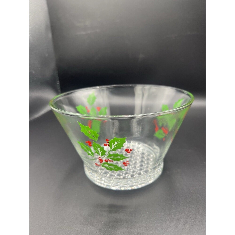 Vintage Indiana Glass Holly & Berries Small Clear Ice Bowl  7 1/4” X 4 1/4”